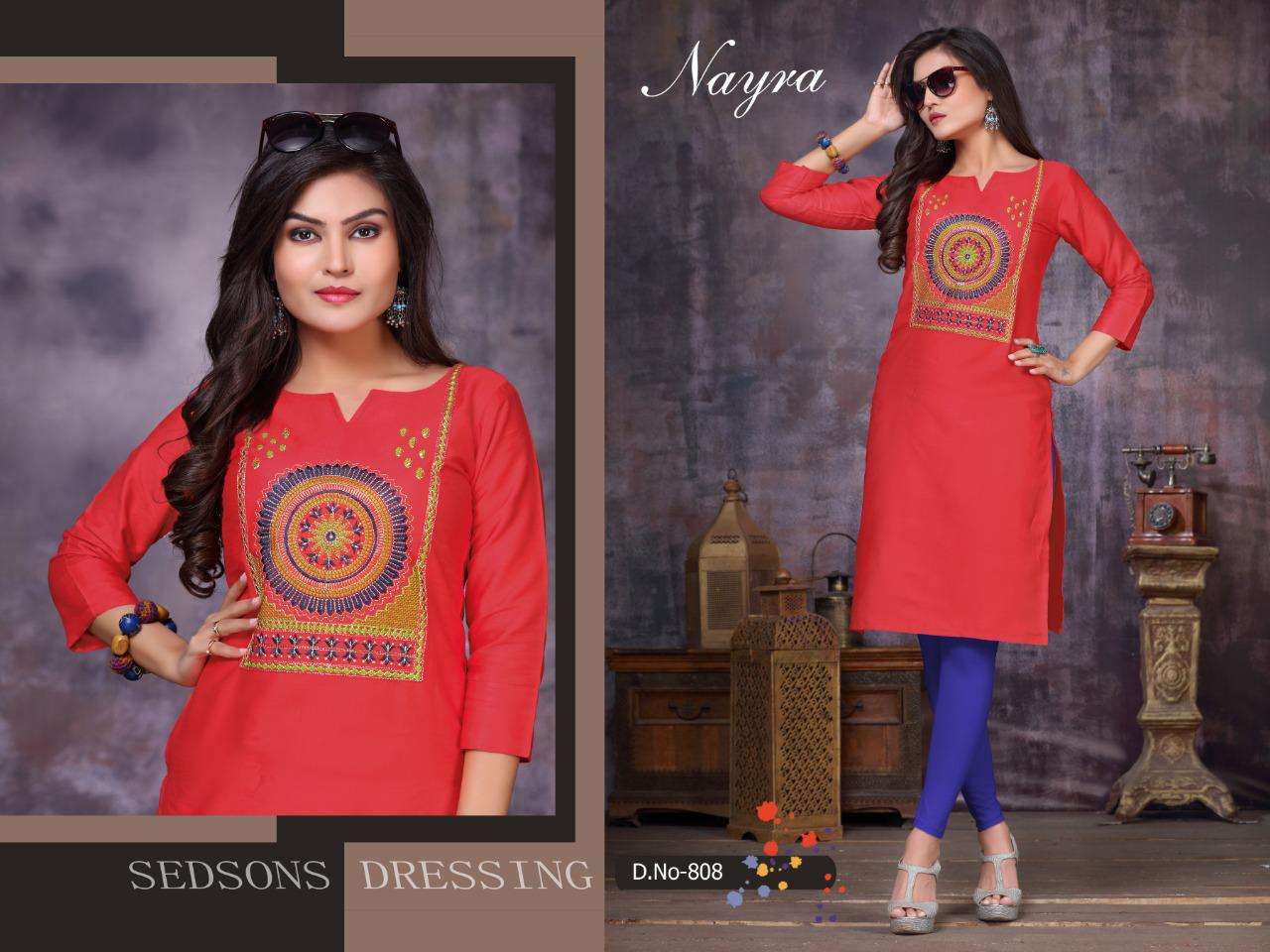 DAFFODIL BY NAYRA 801 TO 808 SERIES STYLISH FANCY BEAUTIFUL COLORFUL CASUAL WEAR & ETHNIC WEAR COTTON SATIN WITH HAND WORK KURTIS AT WHOLESALE PRICE