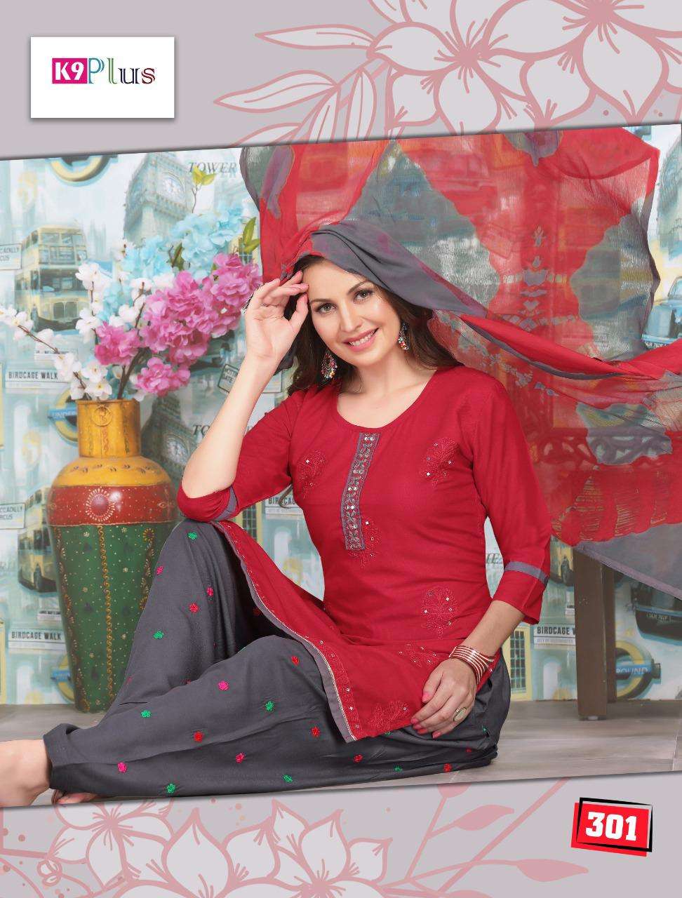 LADDO BY K9 PLUS 301 TO 308 SERIES BEAUTIFUL SUITS COLORFUL STYLISH FANCY CASUAL WEAR & ETHNIC WEAR RAYON EMBROIDERED DRESSES AT WHOLESALE PRICE