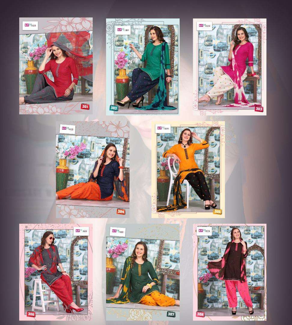 LADDO BY K9 PLUS 301 TO 308 SERIES BEAUTIFUL SUITS COLORFUL STYLISH FANCY CASUAL WEAR & ETHNIC WEAR RAYON EMBROIDERED DRESSES AT WHOLESALE PRICE