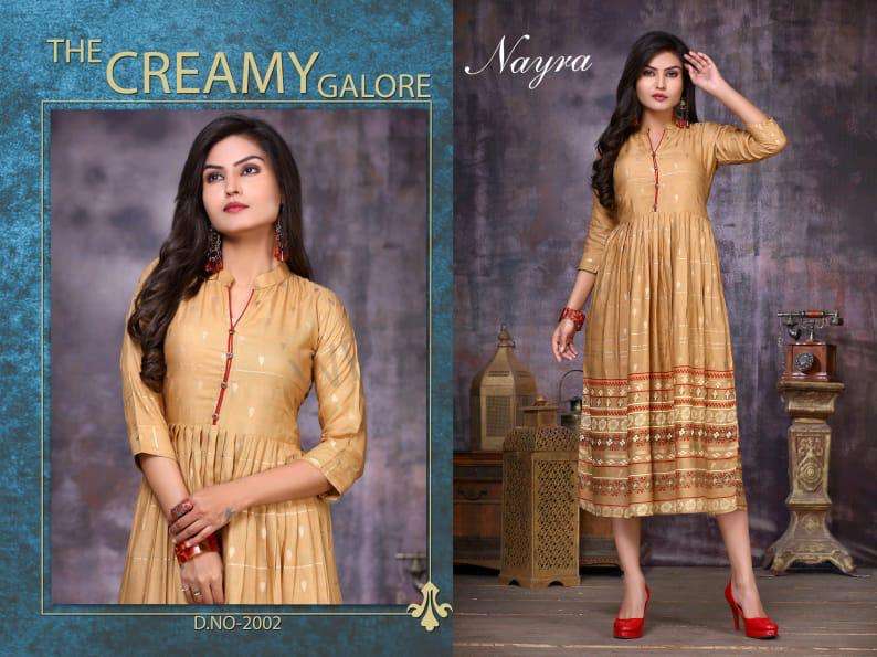 FLOWER BY NAYRA 001 TO 008 SERIES STYLISH FANCY BEAUTIFUL COLORFUL CASUAL WEAR & ETHNIC WEAR HEAVY RAYON GOLD PRINT KURTIS AT WHOLESALE PRICE
