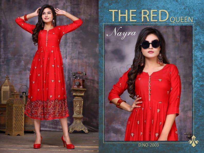 FLOWER BY NAYRA 001 TO 008 SERIES STYLISH FANCY BEAUTIFUL COLORFUL CASUAL WEAR & ETHNIC WEAR HEAVY RAYON GOLD PRINT KURTIS AT WHOLESALE PRICE