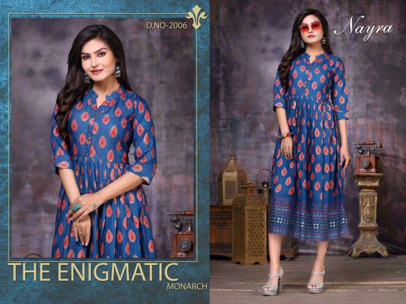 FLOWER BY NAYRA 001 TO 008 SERIES STYLISH FANCY BEAUTIFUL COLORFUL CASUAL WEAR & ETHNIC WEAR HEAVY RAYON GOLD PRINT KURTIS AT WHOLESALE PRICE