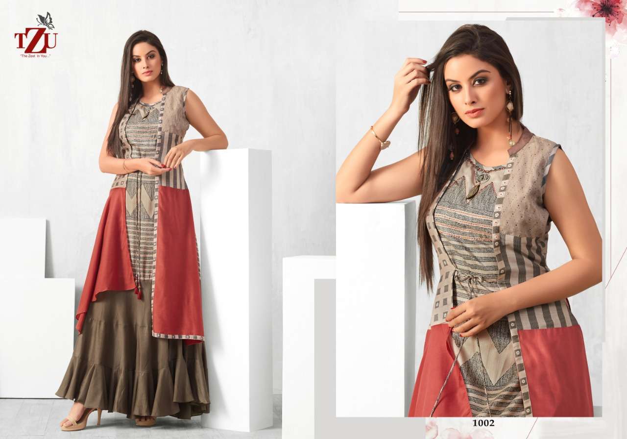 GOLDIE BY TZU 1001 TO 1004 SERIES DESIGNER BEAUTIFUL STYLISH FANCY COLORFUL PARTY WEAR & OCCASIONAL WEAR TUSSAR SILK/MUSLIN GOWNS AT WHOLESALE PRICE