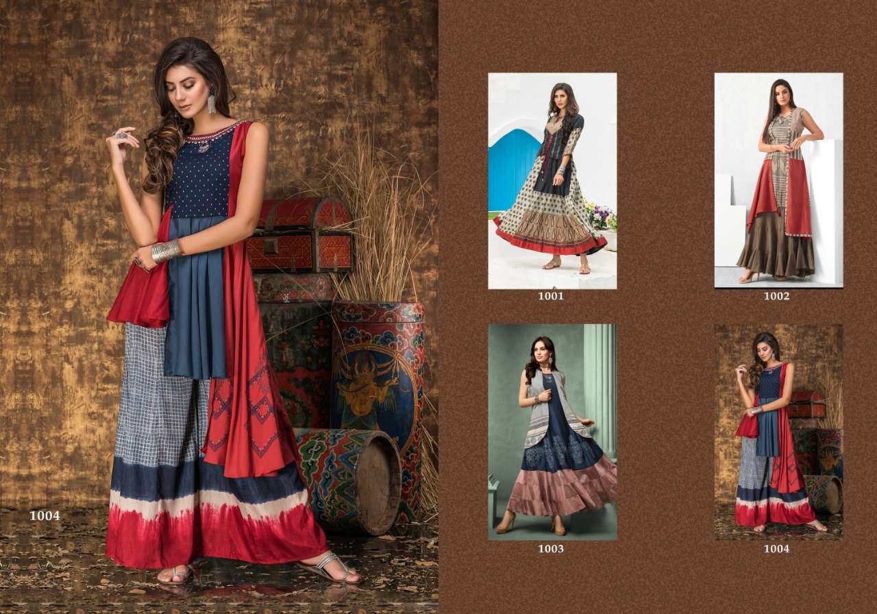 GOLDIE BY TZU 1001 TO 1004 SERIES DESIGNER BEAUTIFUL STYLISH FANCY COLORFUL PARTY WEAR & OCCASIONAL WEAR TUSSAR SILK/MUSLIN GOWNS AT WHOLESALE PRICE