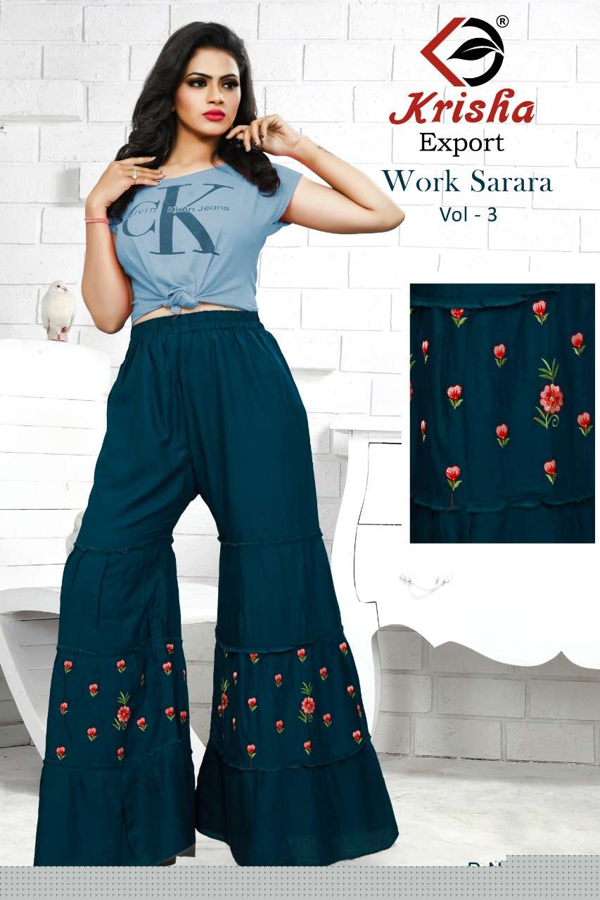 WORK SARARA VOL-3 BY KRISHA EXPORTS 317-A TO 317-D SERIES BEAUTIFUL STYLISH COLORFUL FANCY PARTY WEAR & ETHNIC WEAR & READY TO WEAR RAYON EMBROIDERED PALAZZO AT WHOLESALE PRICE