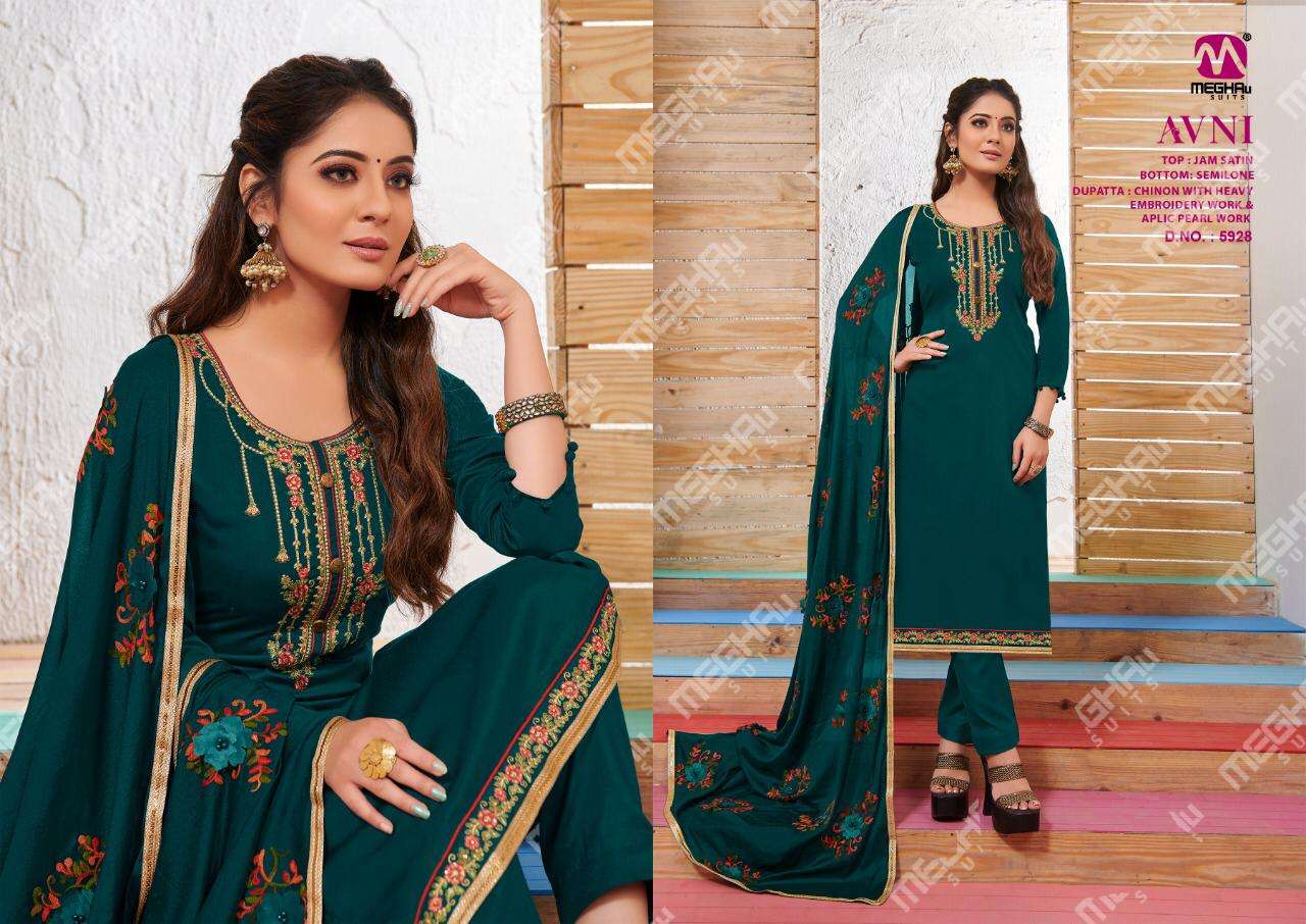 AVNI BY MEGHALI SUITS 5924 TO 5930 SERIES BEAUTIFUL SUITS COLORFUL STYLISH FANCY CASUAL WEAR & ETHNIC WEAR JAM SATIN WITH EMBROIDERY DRESSES AT WHOLESALE PRICE