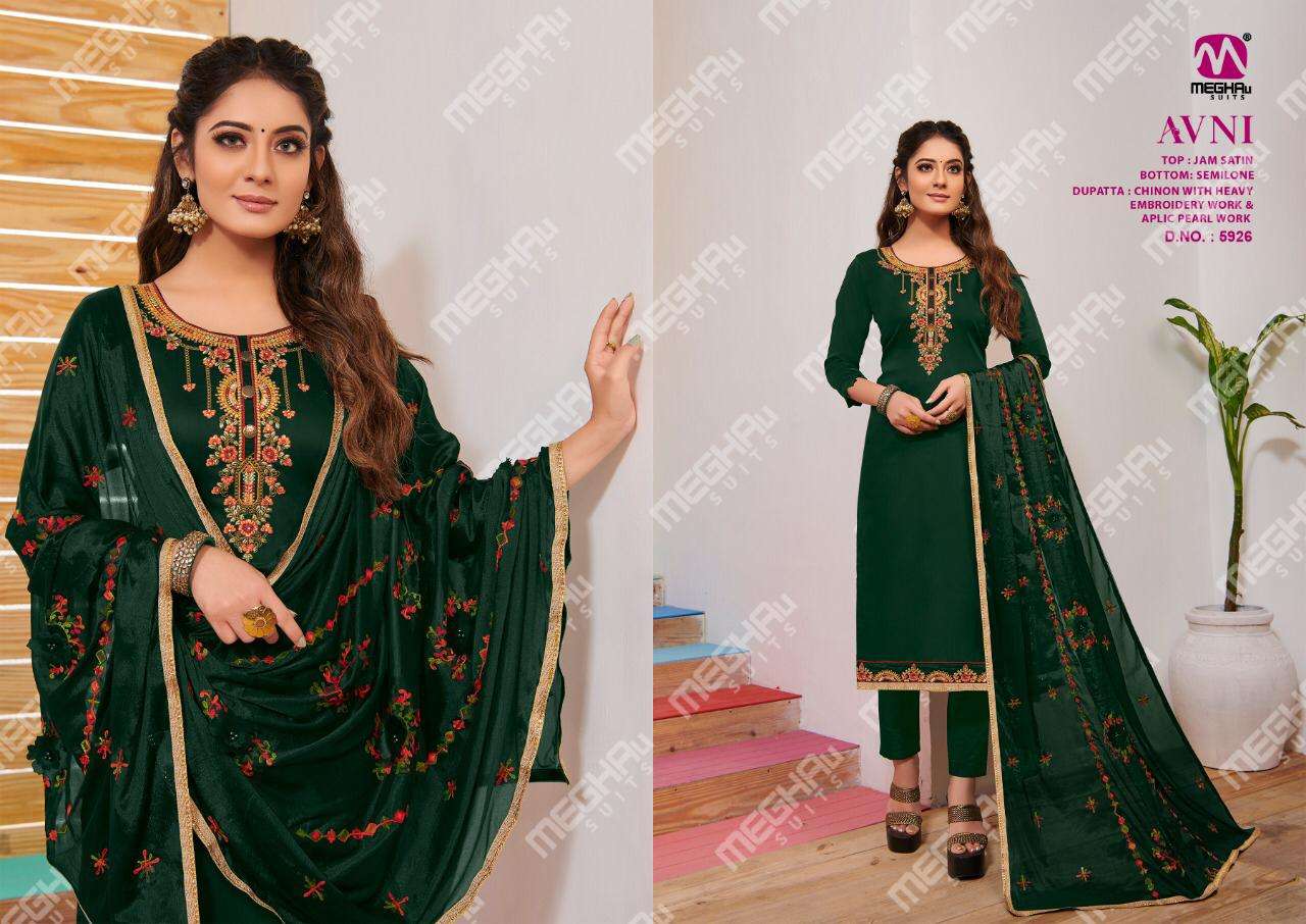 AVNI BY MEGHALI SUITS 5924 TO 5930 SERIES BEAUTIFUL SUITS COLORFUL STYLISH FANCY CASUAL WEAR & ETHNIC WEAR JAM SATIN WITH EMBROIDERY DRESSES AT WHOLESALE PRICE