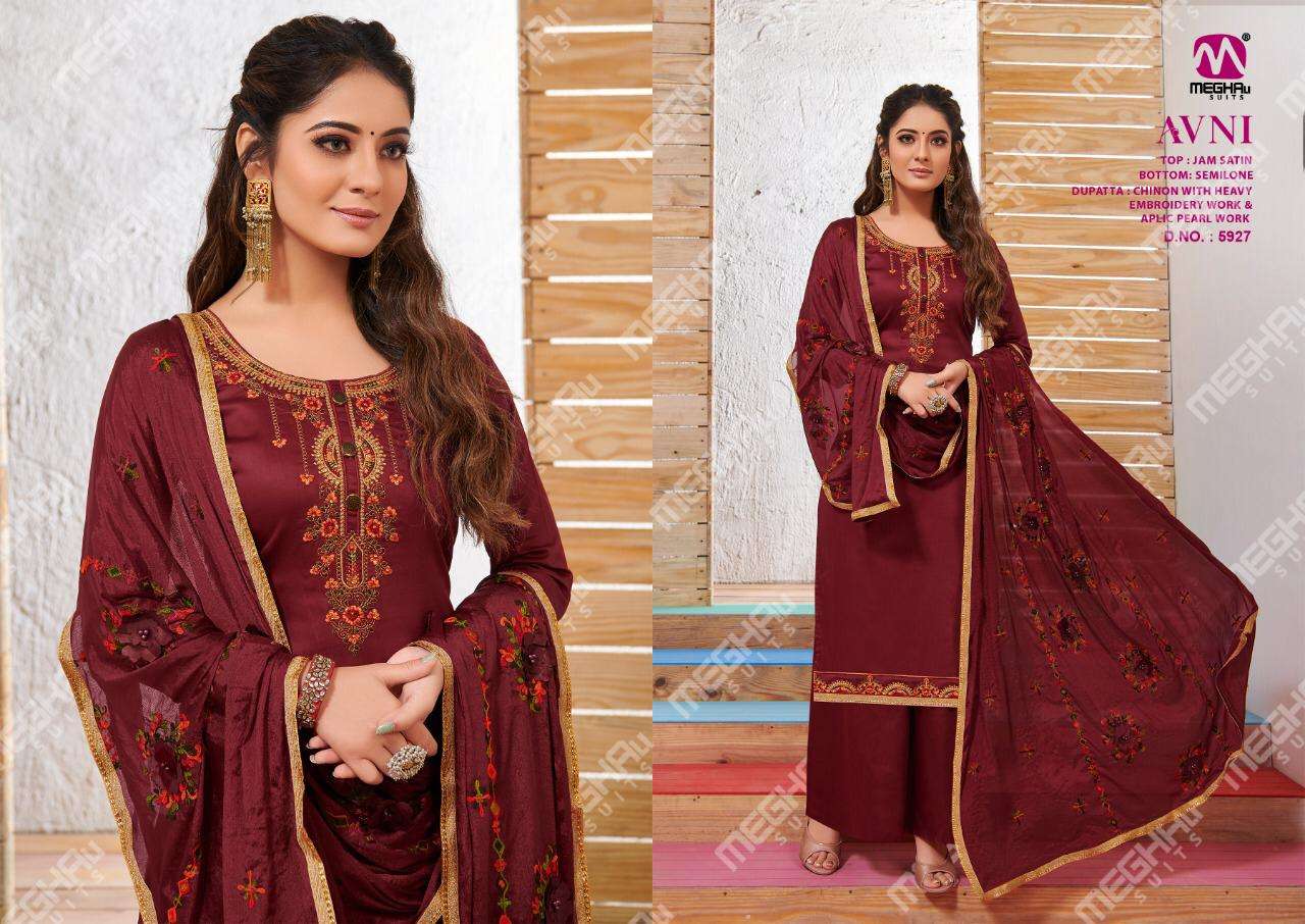 AVNI BY MEGHALI SUITS 5924 TO 5930 SERIES BEAUTIFUL SUITS COLORFUL STYLISH FANCY CASUAL WEAR & ETHNIC WEAR JAM SATIN WITH EMBROIDERY DRESSES AT WHOLESALE PRICE