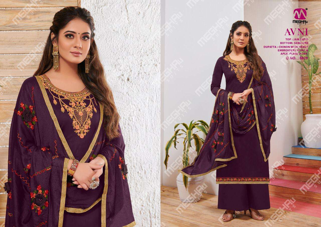 AVNI BY MEGHALI SUITS 5924 TO 5930 SERIES BEAUTIFUL SUITS COLORFUL STYLISH FANCY CASUAL WEAR & ETHNIC WEAR JAM SATIN WITH EMBROIDERY DRESSES AT WHOLESALE PRICE
