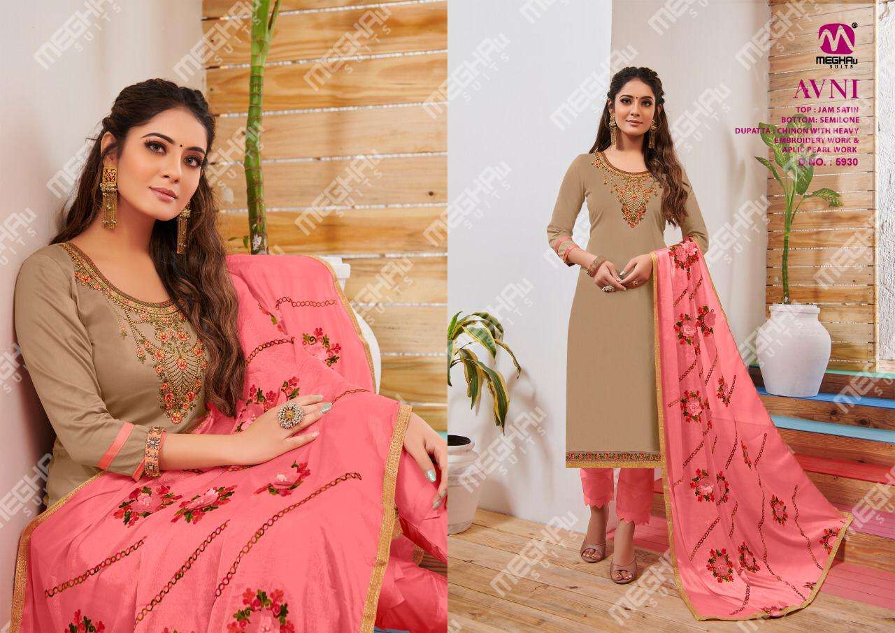 AVNI BY MEGHALI SUITS 5924 TO 5930 SERIES BEAUTIFUL SUITS COLORFUL STYLISH FANCY CASUAL WEAR & ETHNIC WEAR JAM SATIN WITH EMBROIDERY DRESSES AT WHOLESALE PRICE