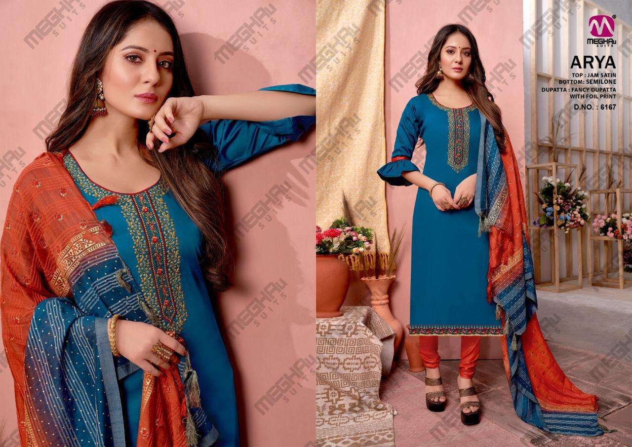 ARYA BY MEGHALI SUITS 6165 TO 6170 SERIES BEAUTIFUL SUITS COLORFUL STYLISH FANCY CASUAL WEAR & ETHNIC WEAR JAM SATIN WITH EMBROIDERY DRESSES AT WHOLESALE PRICE