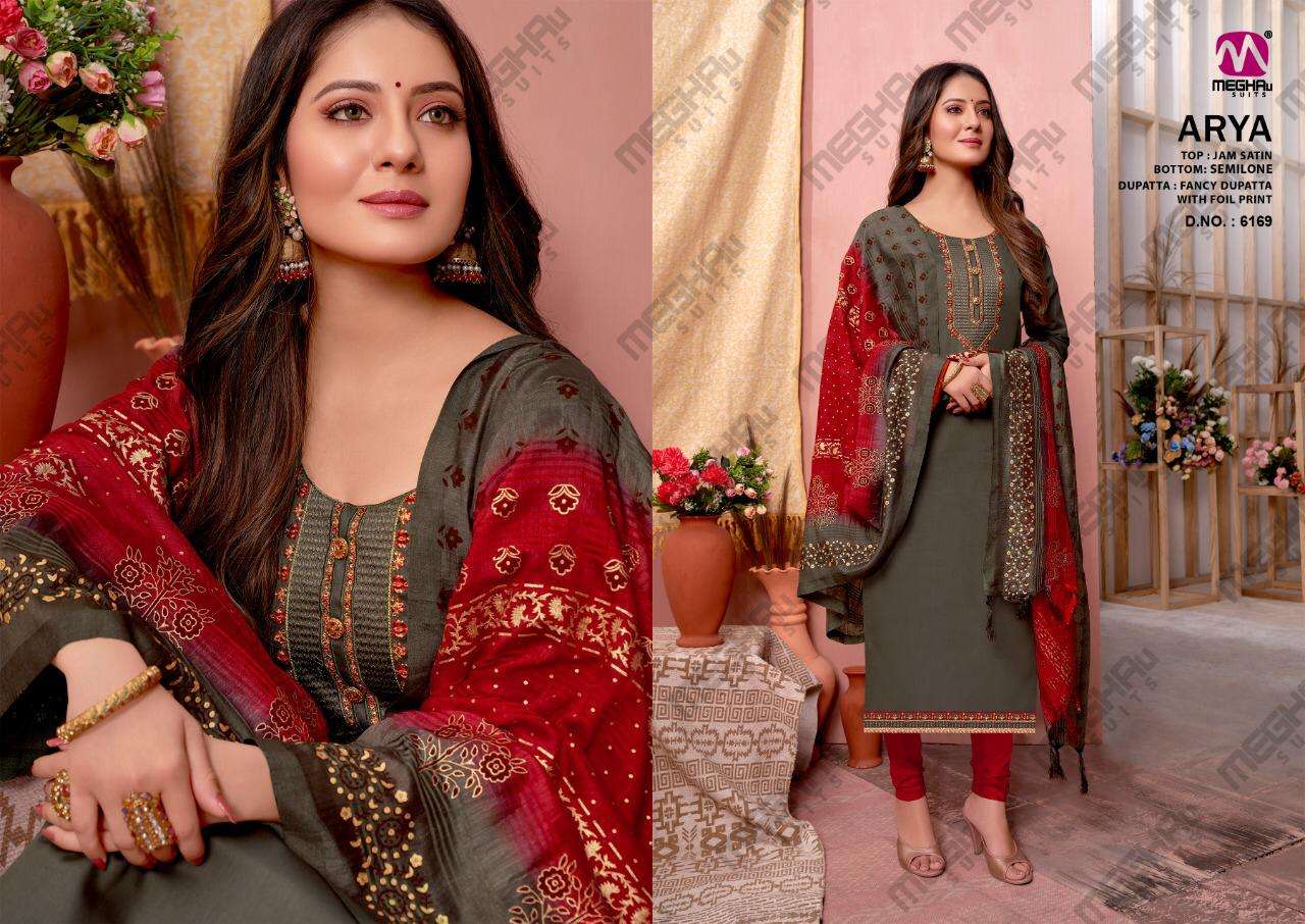 ARYA BY MEGHALI SUITS 6165 TO 6170 SERIES BEAUTIFUL SUITS COLORFUL STYLISH FANCY CASUAL WEAR & ETHNIC WEAR JAM SATIN WITH EMBROIDERY DRESSES AT WHOLESALE PRICE