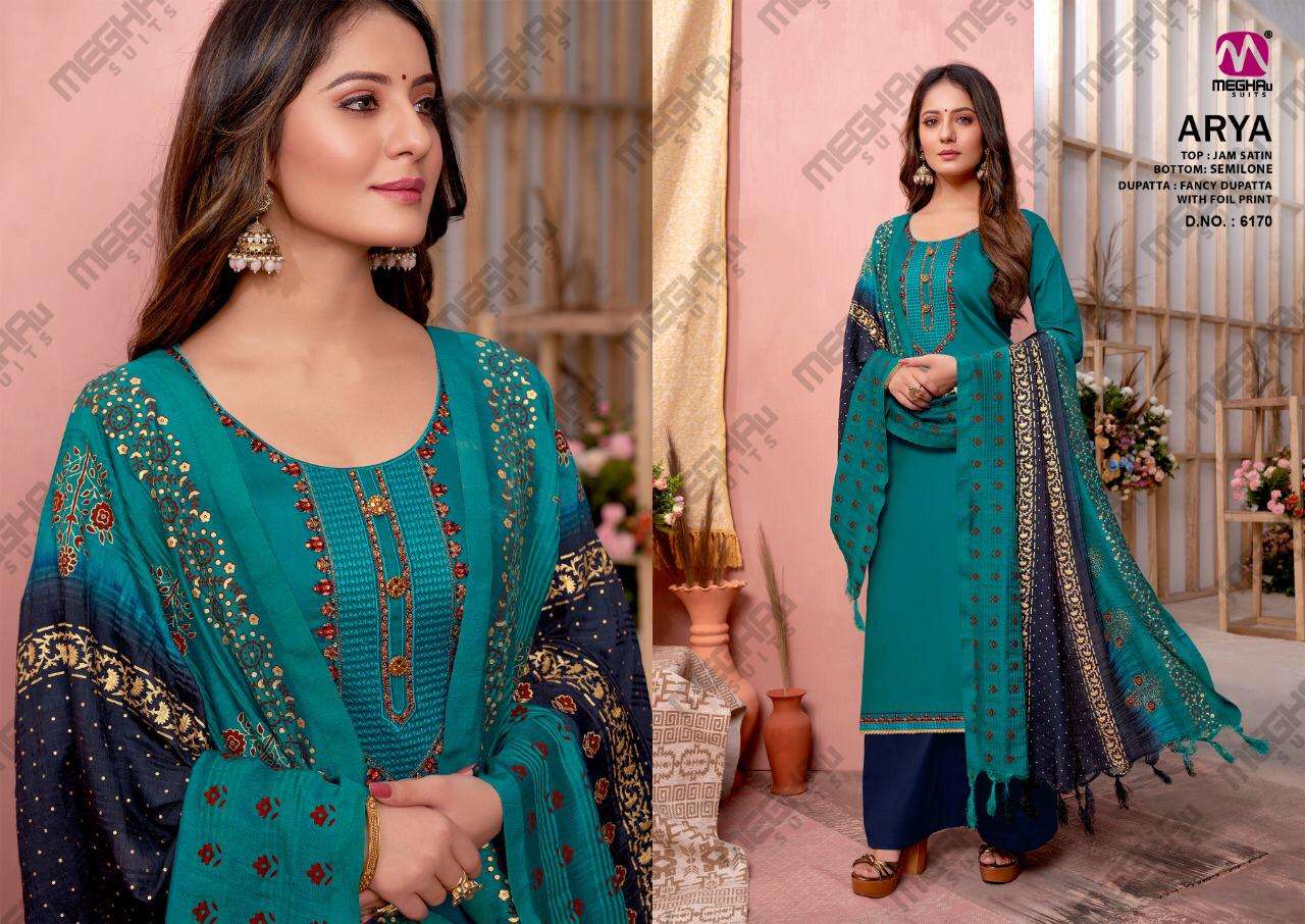 ARYA BY MEGHALI SUITS 6165 TO 6170 SERIES BEAUTIFUL SUITS COLORFUL STYLISH FANCY CASUAL WEAR & ETHNIC WEAR JAM SATIN WITH EMBROIDERY DRESSES AT WHOLESALE PRICE