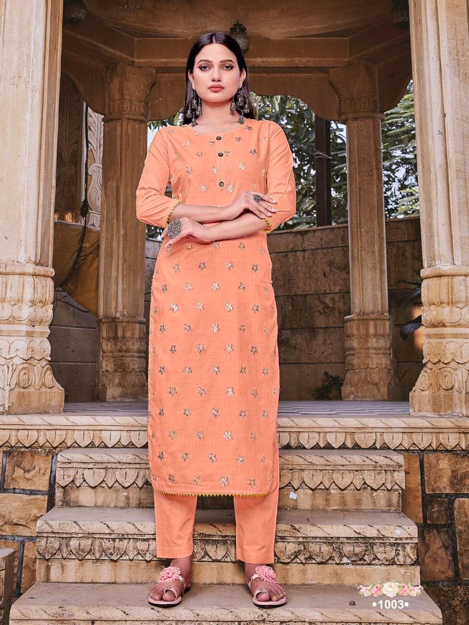 ROSEMEEN BY SYASII 1001 TO 1005 SERIES BEAUTIFUL STYLISH FANCY COLORFUL CASUAL WEAR & ETHNIC WEAR & READY TO WEAR VISCOSE WEAVING EMBROIDERED KURTIS WITH BOTTOM AT WHOLESALE PRICE