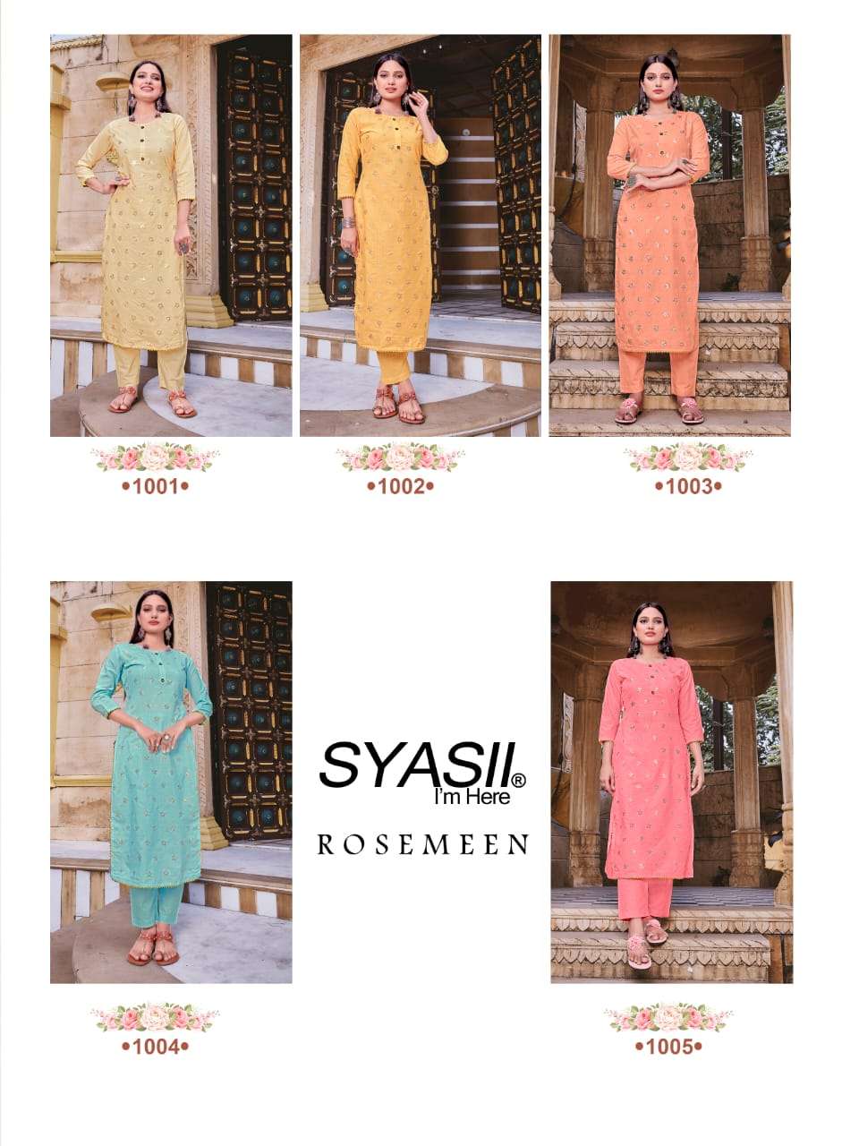 ROSEMEEN BY SYASII 1001 TO 1005 SERIES BEAUTIFUL STYLISH FANCY COLORFUL CASUAL WEAR & ETHNIC WEAR & READY TO WEAR VISCOSE WEAVING EMBROIDERED KURTIS WITH BOTTOM AT WHOLESALE PRICE
