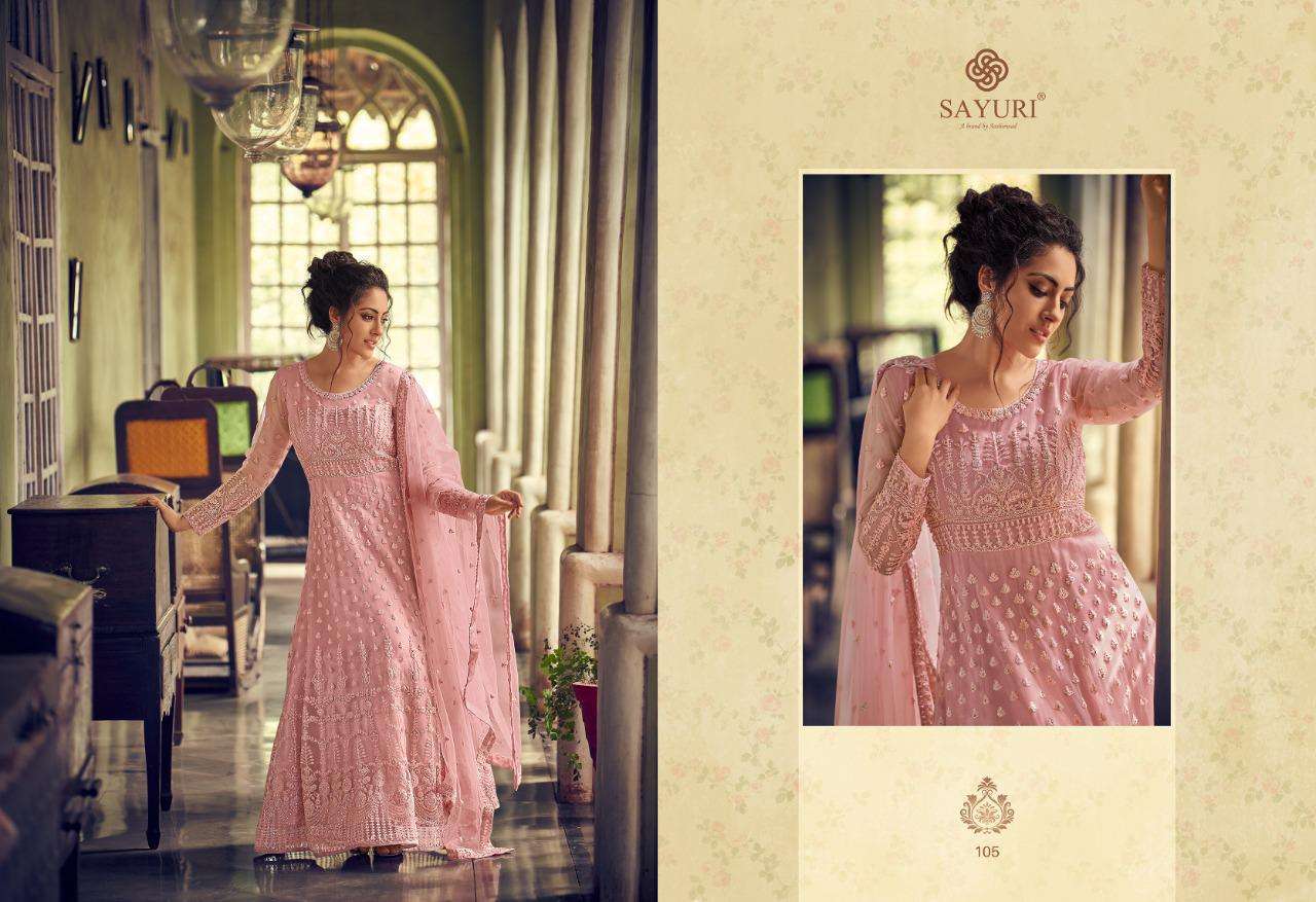 AARUSHI BY SAYURI 105 TO 108 SERIES DESIGNER WEDDING COLLECTION BEAUTIFUL STYLISH FANCY COLORFUL PARTY WEAR & OCCASIONAL WEAR BUTTERFLY NET EMBROIDERED DRESSES AT WHOLESALE PRICE