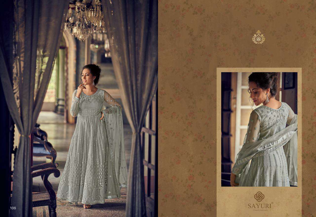 AARUSHI BY SAYURI 105 TO 108 SERIES DESIGNER WEDDING COLLECTION BEAUTIFUL STYLISH FANCY COLORFUL PARTY WEAR & OCCASIONAL WEAR BUTTERFLY NET EMBROIDERED DRESSES AT WHOLESALE PRICE