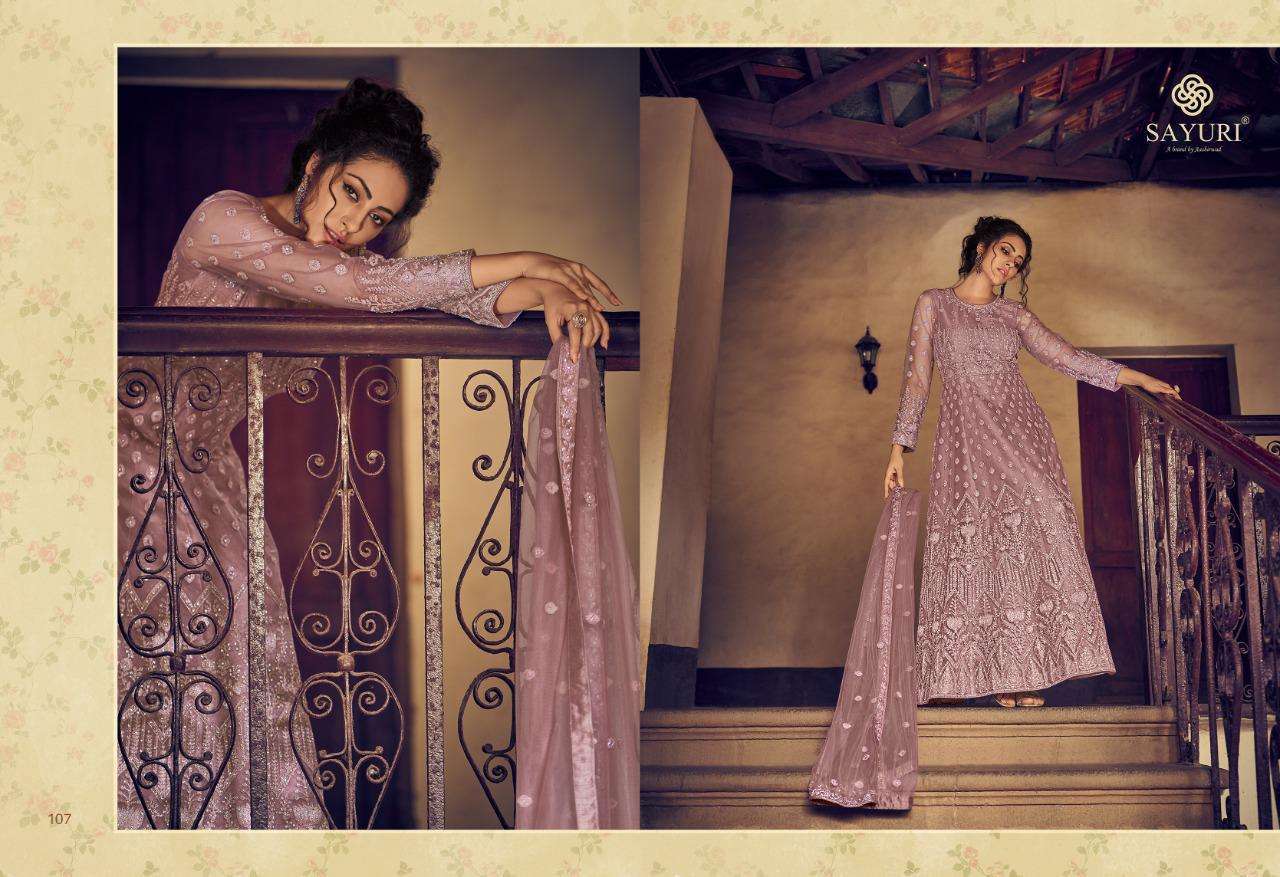 AARUSHI BY SAYURI 105 TO 108 SERIES DESIGNER WEDDING COLLECTION BEAUTIFUL STYLISH FANCY COLORFUL PARTY WEAR & OCCASIONAL WEAR BUTTERFLY NET EMBROIDERED DRESSES AT WHOLESALE PRICE