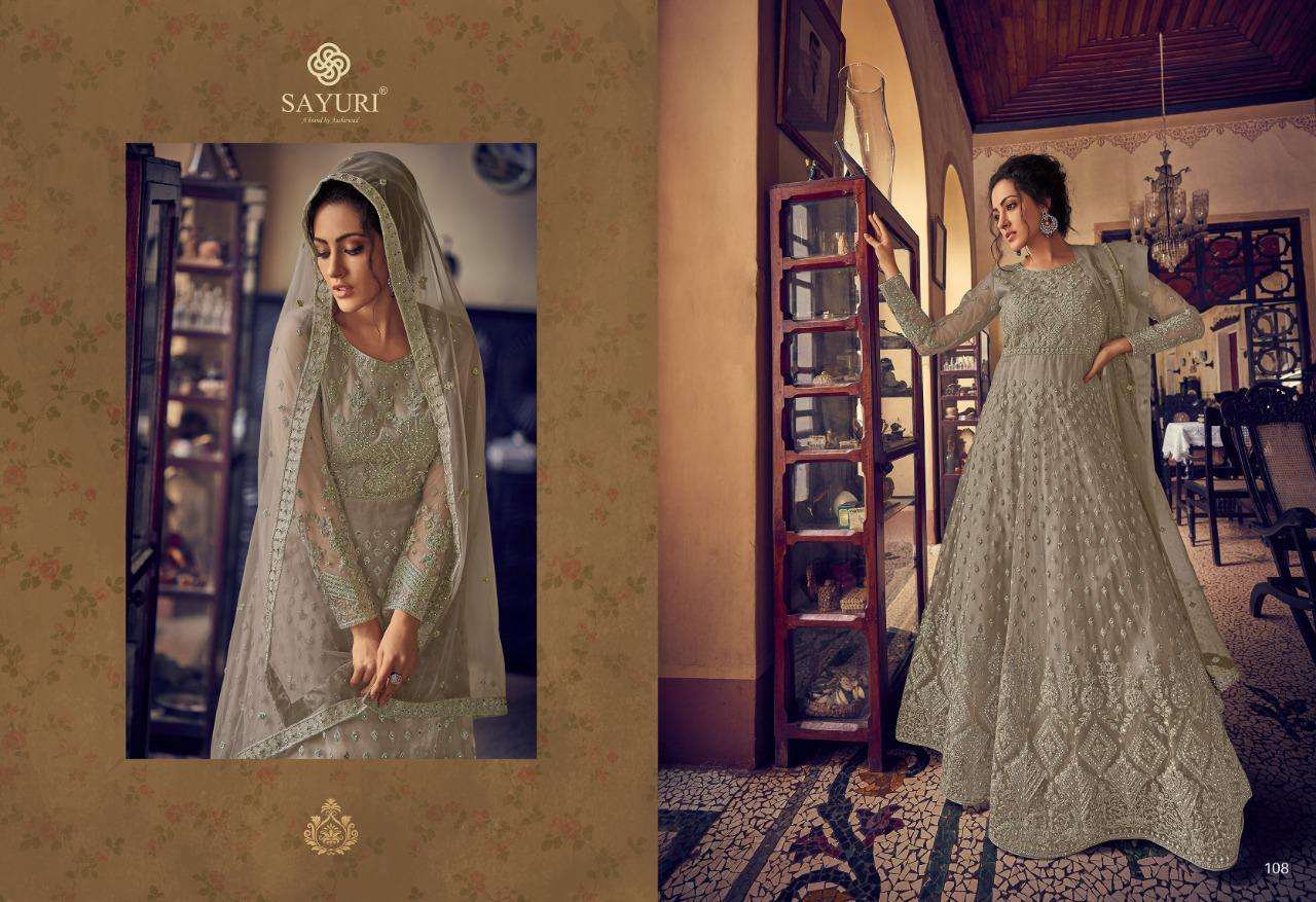 AARUSHI BY SAYURI 105 TO 108 SERIES DESIGNER WEDDING COLLECTION BEAUTIFUL STYLISH FANCY COLORFUL PARTY WEAR & OCCASIONAL WEAR BUTTERFLY NET EMBROIDERED DRESSES AT WHOLESALE PRICE