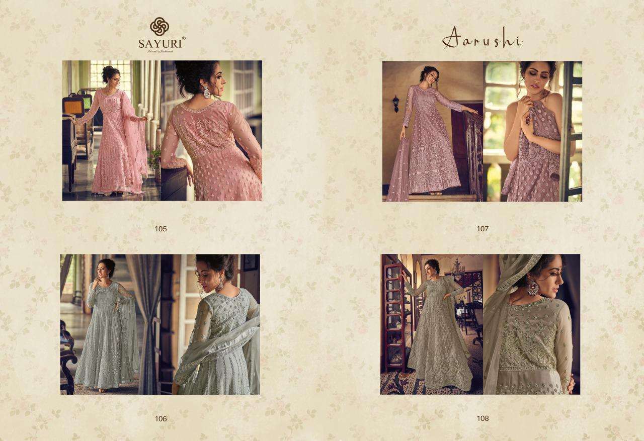 AARUSHI BY SAYURI 105 TO 108 SERIES DESIGNER WEDDING COLLECTION BEAUTIFUL STYLISH FANCY COLORFUL PARTY WEAR & OCCASIONAL WEAR BUTTERFLY NET EMBROIDERED DRESSES AT WHOLESALE PRICE