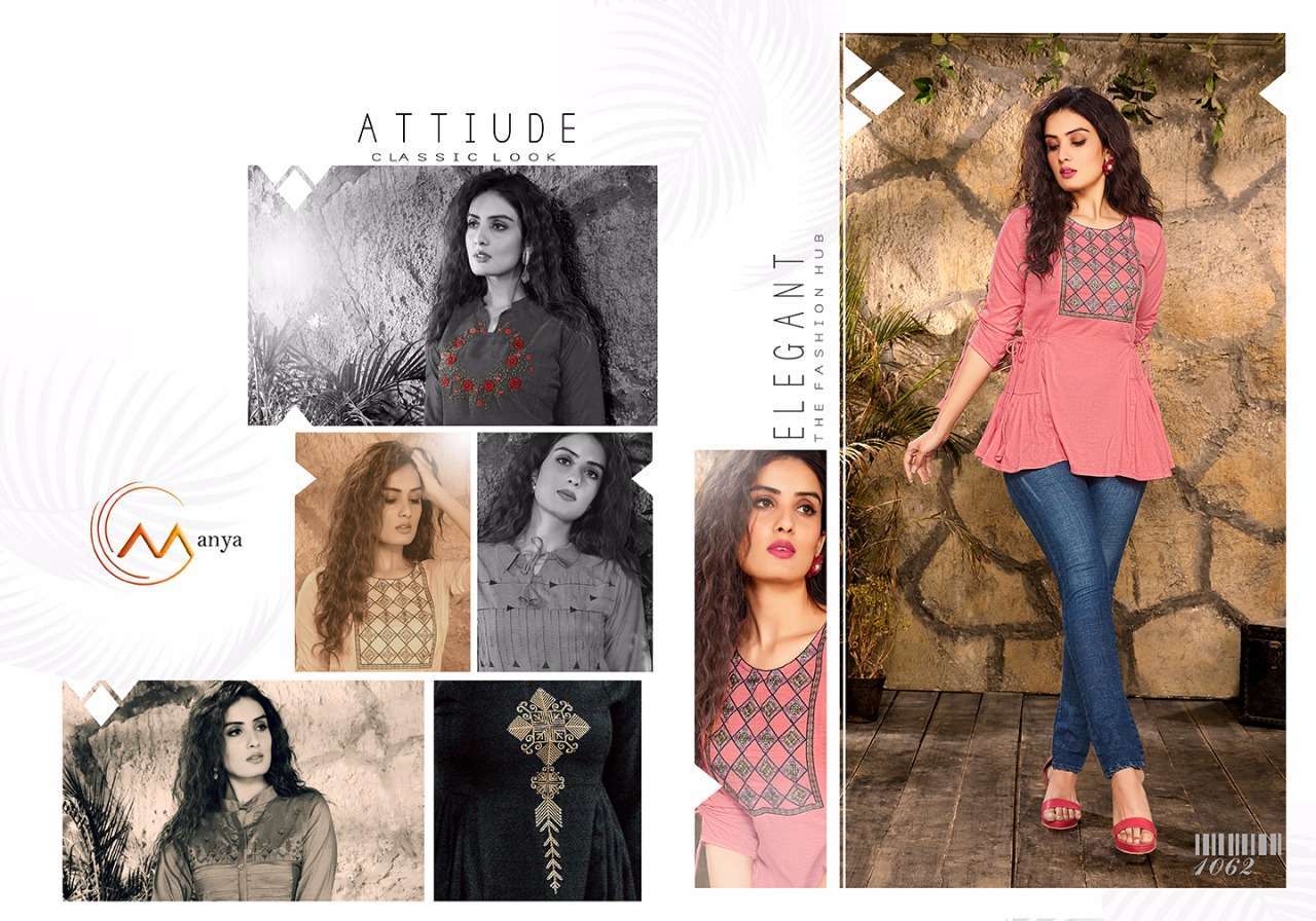 COLORS BY MANYA 1062 TO 1067 SERIES BEAUTIFUL COLORFUL STYLISH FANCY CASUAL WEAR & READY TO WEAR PURE VISCOSE EMBROIDERED TOPS AT WHOLESALE PRICE