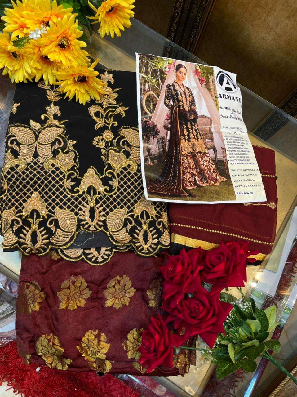 RIMISHA 08 BY ARMANI PAKISTANI SUITS BEAUTIFUL FANCY COLORFUL STYLISH PARTY WEAR & OCCASIONAL WEAR FAUX GEORGETTE WITH EMBROIDERY DRESSES AT WHOLESALE PRICE