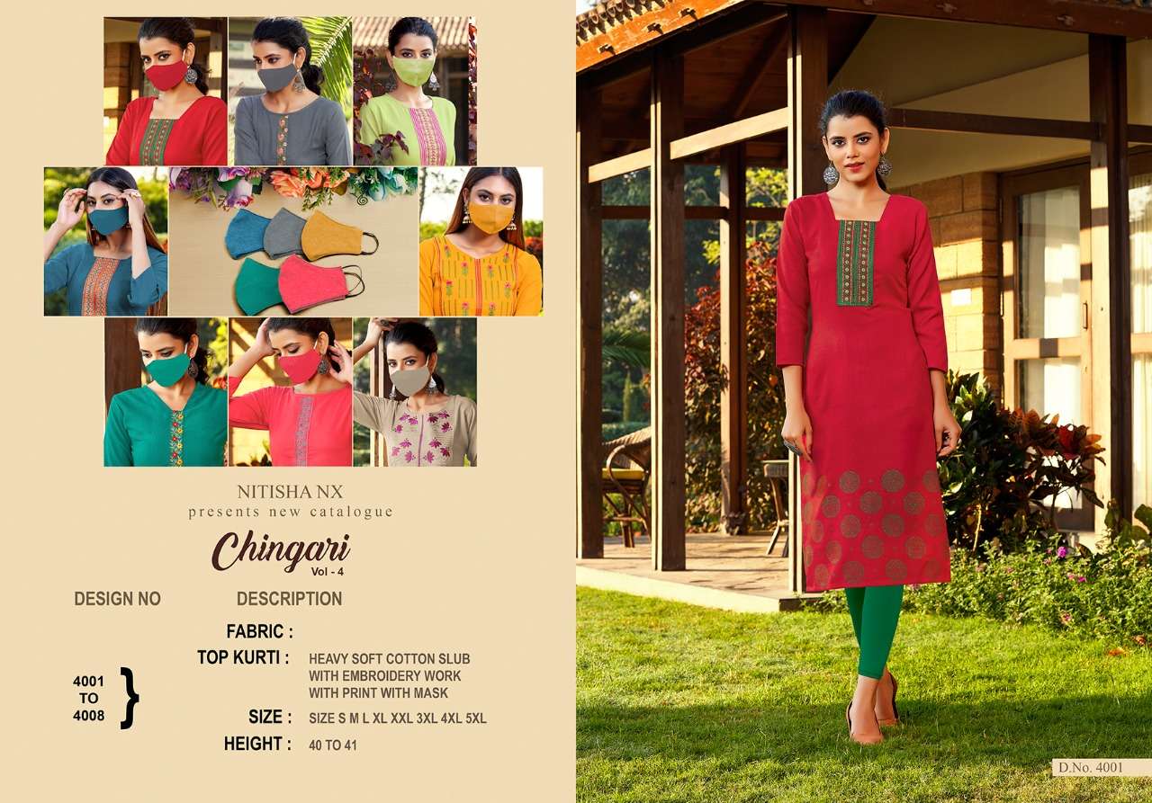 CHINGARI VOL-4 BY NITISHA NX 4001 TO 4008 SERIES BEAUTIFUL COLORFUL STYLISH FANCY CASUAL WEAR & ETHNIC WEAR & READY TO WEAR COTTON SLLUB WITH EMBROIDERY KURTIS AT WHOLESALE PRICE