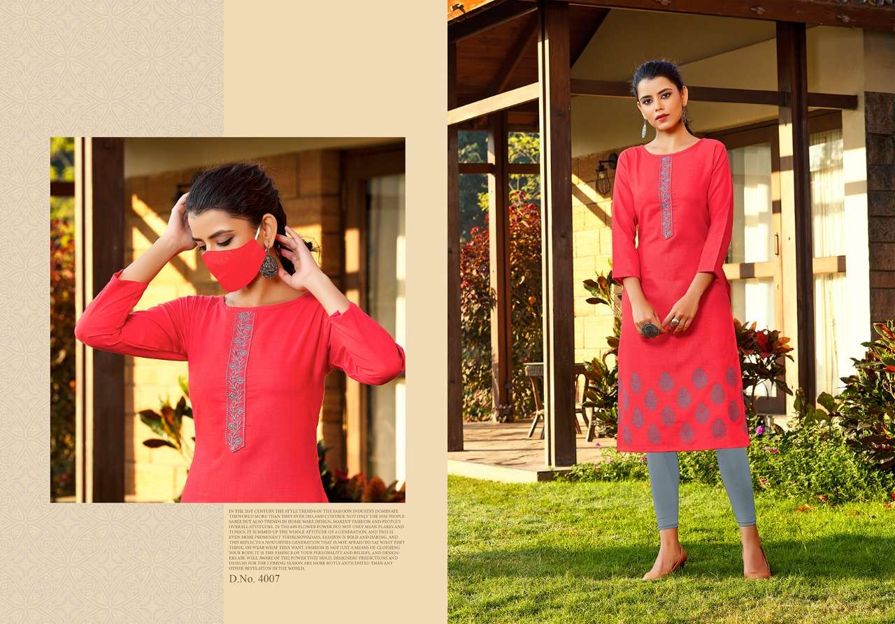 CHINGARI VOL-4 BY NITISHA NX 4001 TO 4008 SERIES BEAUTIFUL COLORFUL STYLISH FANCY CASUAL WEAR & ETHNIC WEAR & READY TO WEAR COTTON SLLUB WITH EMBROIDERY KURTIS AT WHOLESALE PRICE
