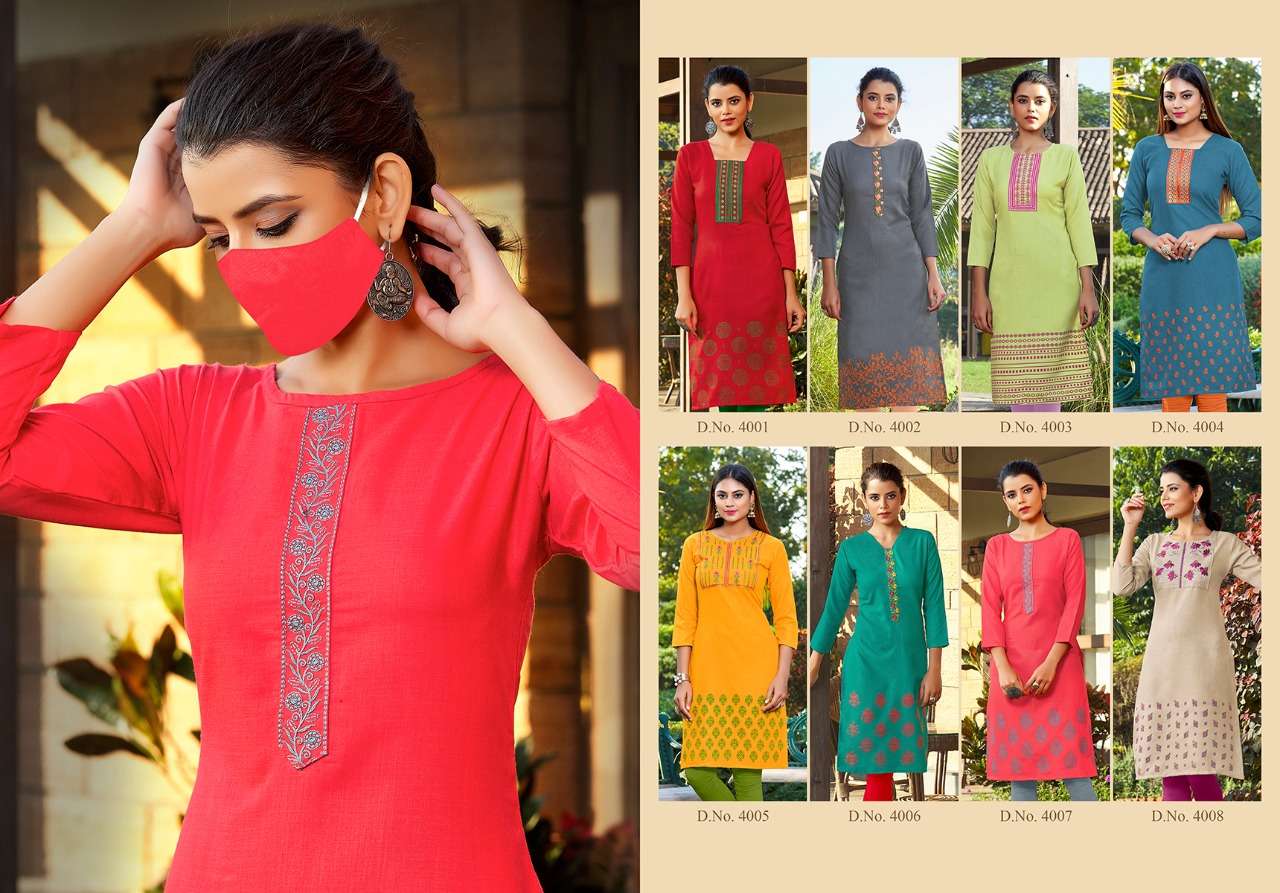 CHINGARI VOL-4 BY NITISHA NX 4001 TO 4008 SERIES BEAUTIFUL COLORFUL STYLISH FANCY CASUAL WEAR & ETHNIC WEAR & READY TO WEAR COTTON SLLUB WITH EMBROIDERY KURTIS AT WHOLESALE PRICE