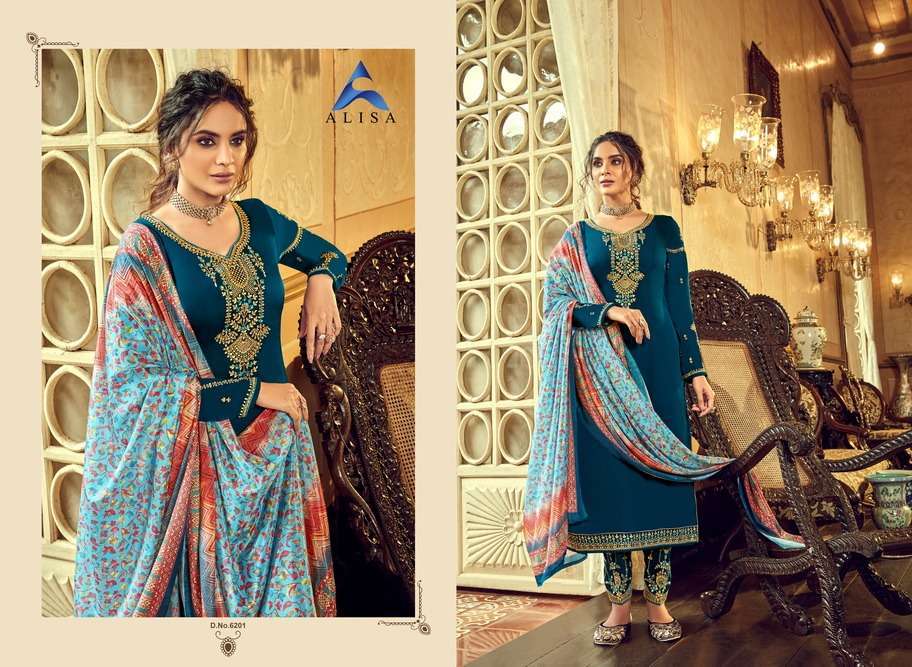 SAHIR BY ALISA 6201 TO 6206 SERIES BEAUTIFUL STYLISH FANCY COLORFUL CASUAL WEAR & ETHNIC WEAR SATIN GEORGETTE DRESSES AT WHOLESALE PRICE