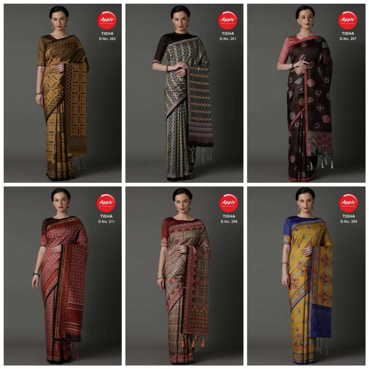 TISHA VOL-2 BY APPLE 201 TO 212 SERIES INDIAN TRADITIONAL WEAR COLLECTION BEAUTIFUL STYLISH FANCY COLORFUL PARTY WEAR & OCCASIONAL WEAR BHAGALPURI SILK DIGITAL PRINT SAREES AT WHOLESALE PRICE
