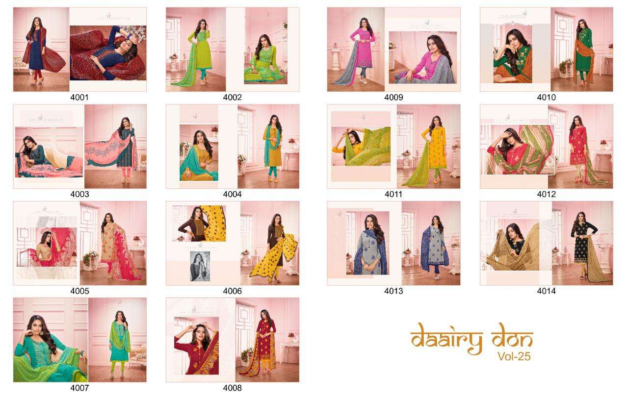 DAAIRY DON VOL-25 BY KAPIL TRENDZ 4001 TO 4014 SERIES BEAUTIFUL SUITS STYLISH FANCY COLORFUL CASUAL WEAR & ETHNIC WEAR LAKDA JACQUARD WORK DRESSES AT WHOLESALE PRICE
