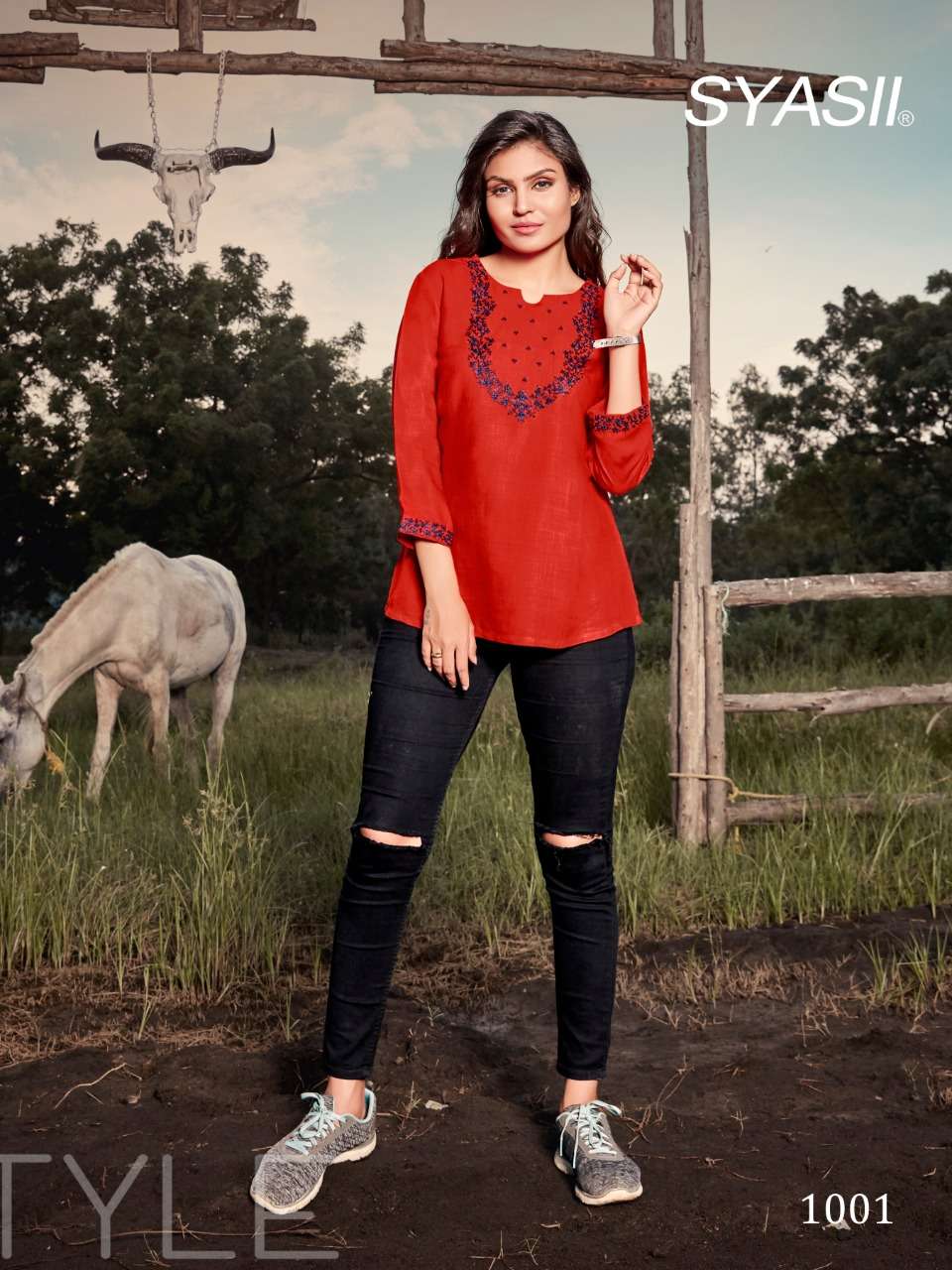 CELESTIA BY SYASII 1001 TO 1006 SERIES BEAUTIFUL COLORFUL STYLISH FANCY CASUAL WEAR & READY TO WEAR PURE RAYON SLUB EMBROIDERED TOPS AT WHOLESALE PRICE