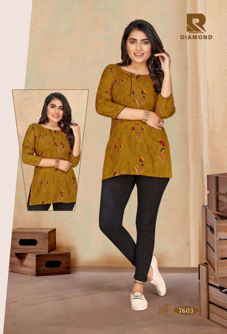 DIAMOND BY RAASHI 7601 TO 7612 SERIES BEAUTIFUL COLORFUL STYLISH FANCY CASUAL WEAR & ETHNIC WEAR & READY TO WEAR HEAVY RAYON PRINTED KURTIS AT WHOLESALE PRICE