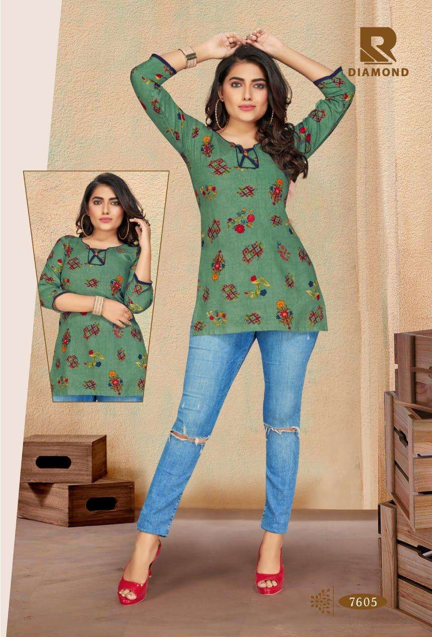 DIAMOND BY RAASHI 7601 TO 7612 SERIES BEAUTIFUL COLORFUL STYLISH FANCY CASUAL WEAR & ETHNIC WEAR & READY TO WEAR HEAVY RAYON PRINTED KURTIS AT WHOLESALE PRICE