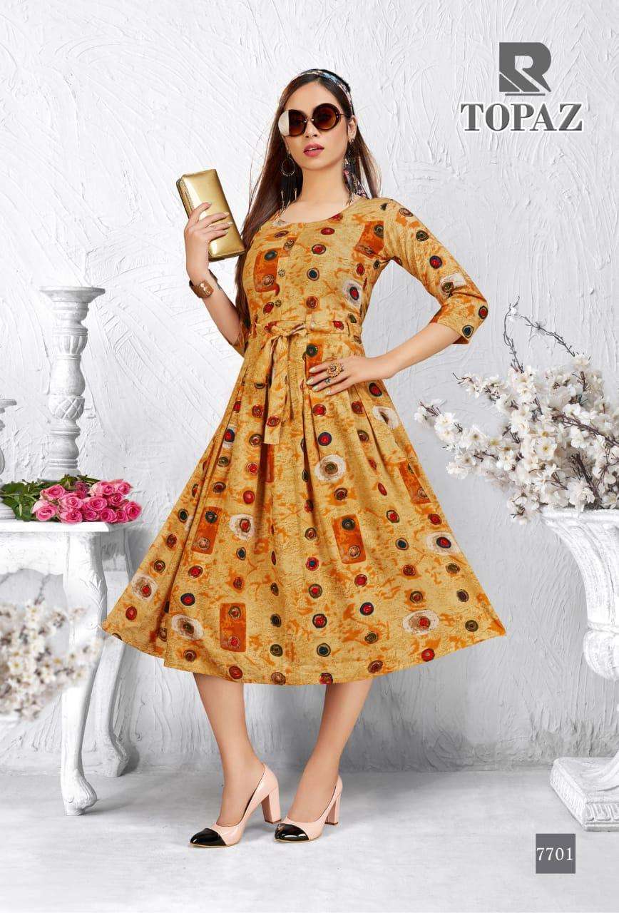 TOPAZ BY RAASHI 7701 TO 7708 SERIES BEAUTIFUL STYLISH FANCY COLORFUL CASUAL WEAR & ETHNIC WEAR & READY TO WEAR RAYON PRINTED KURTIS AT WHOLESALE PRICE