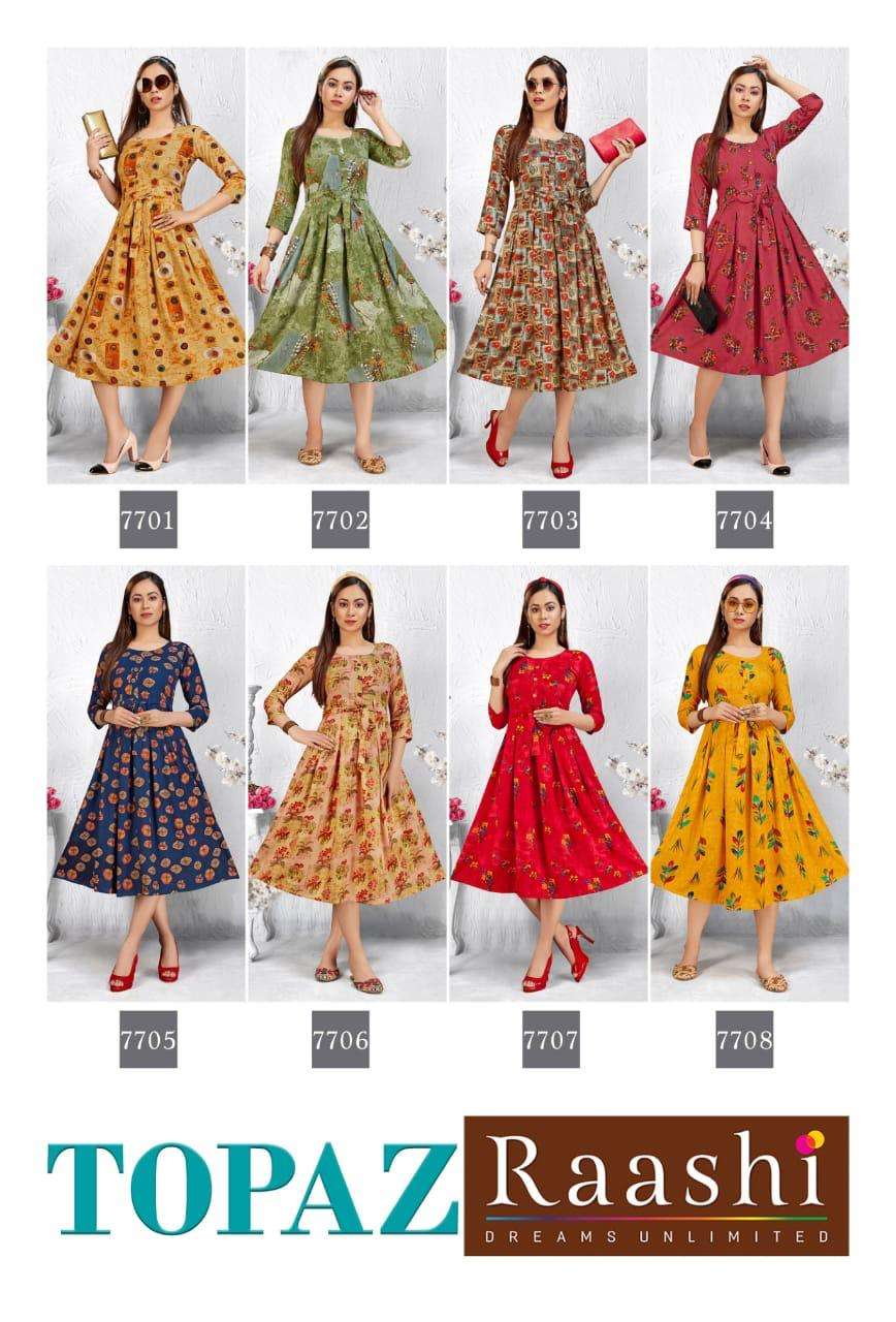 TOPAZ BY RAASHI 7701 TO 7708 SERIES BEAUTIFUL STYLISH FANCY COLORFUL CASUAL WEAR & ETHNIC WEAR & READY TO WEAR RAYON PRINTED KURTIS AT WHOLESALE PRICE