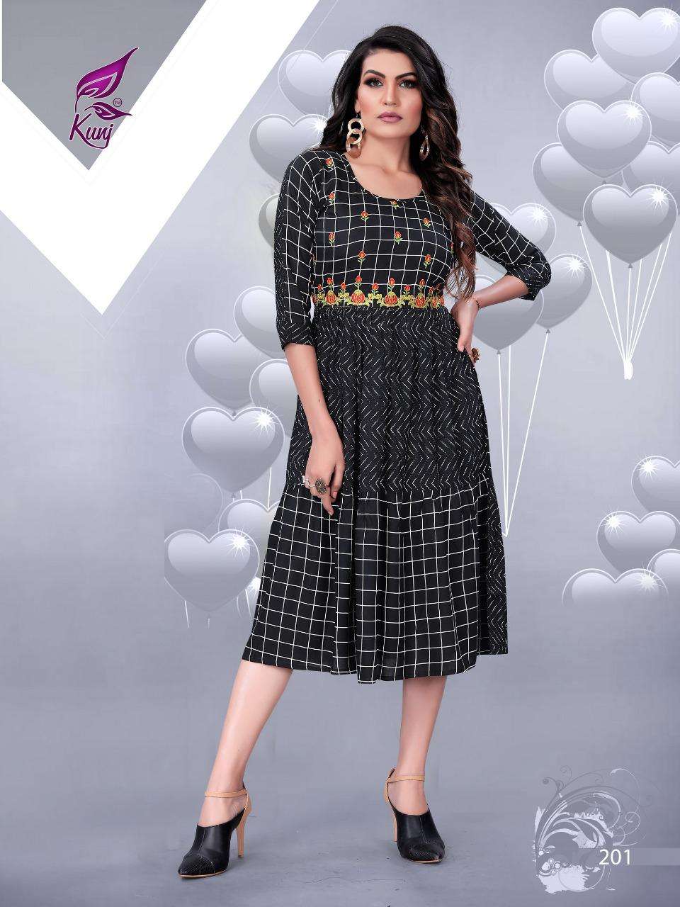 KIVI VOL-2 BY KUNJ 201 TO 106 SERIES BEAUTIFUL STYLISH FANCY COLORFUL CASUAL WEAR & ETHNIC WEAR & READY TO WEAR RAYON PRINT KURTIS AT WHOLESALE PRICE