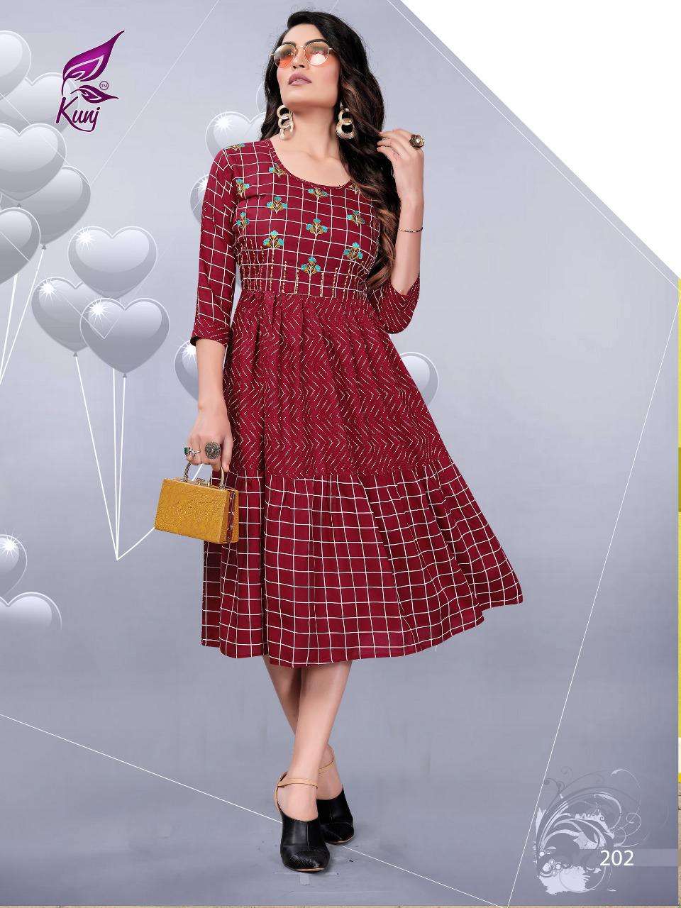 KIVI VOL-2 BY KUNJ 201 TO 106 SERIES BEAUTIFUL STYLISH FANCY COLORFUL CASUAL WEAR & ETHNIC WEAR & READY TO WEAR RAYON PRINT KURTIS AT WHOLESALE PRICE