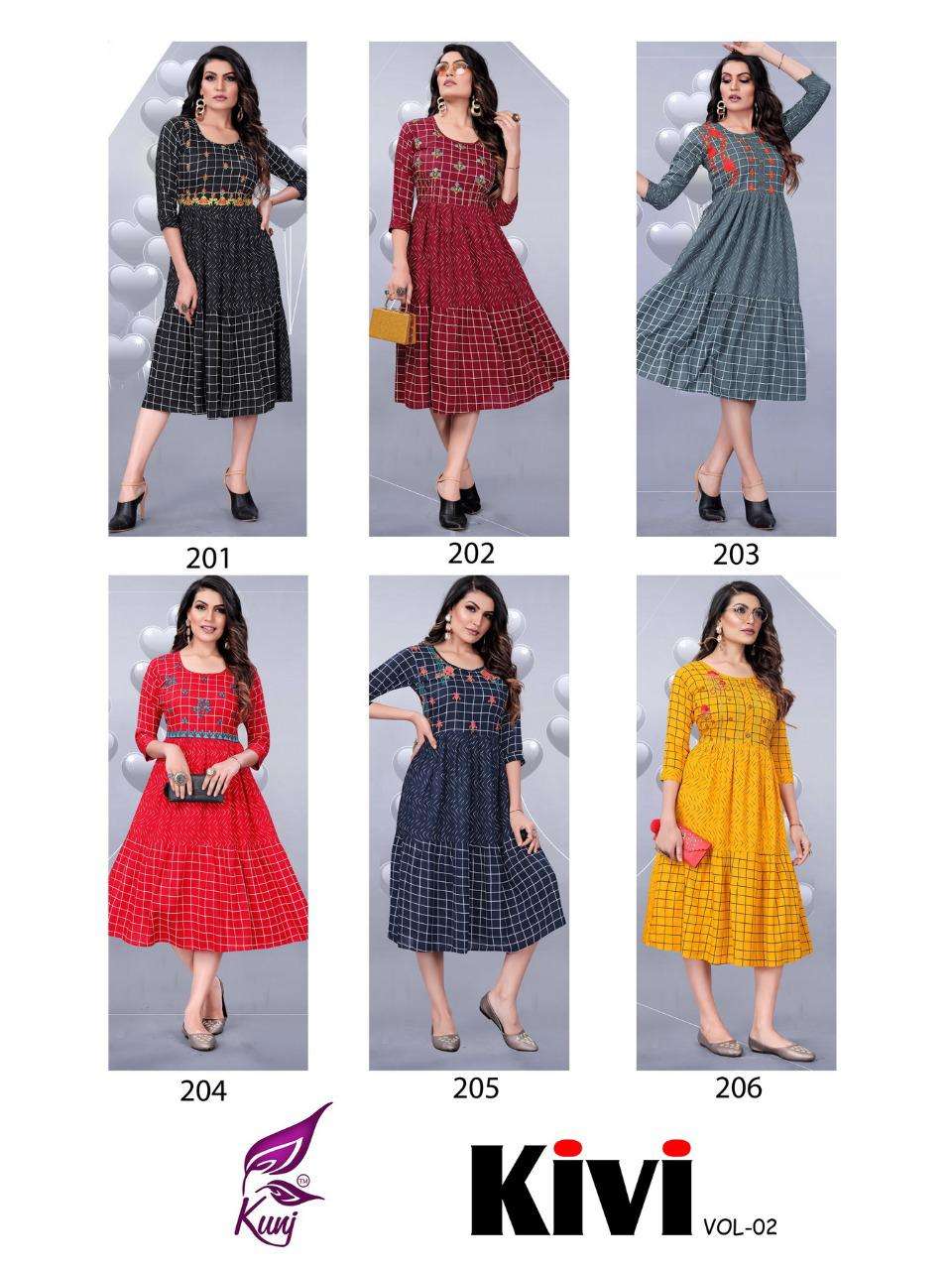 KIVI VOL-2 BY KUNJ 201 TO 106 SERIES BEAUTIFUL STYLISH FANCY COLORFUL CASUAL WEAR & ETHNIC WEAR & READY TO WEAR RAYON PRINT KURTIS AT WHOLESALE PRICE