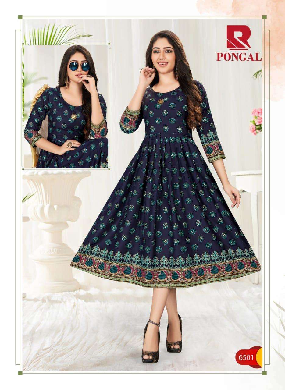 PONGAL BY RAASHI 6501 TO 6508 SERIES BEAUTIFUL STYLISH FANCY COLORFUL CASUAL WEAR & ETHNIC WEAR & READY TO WEAR RAYON GOLD PRINT KURTIS AT WHOLESALE PRICE
