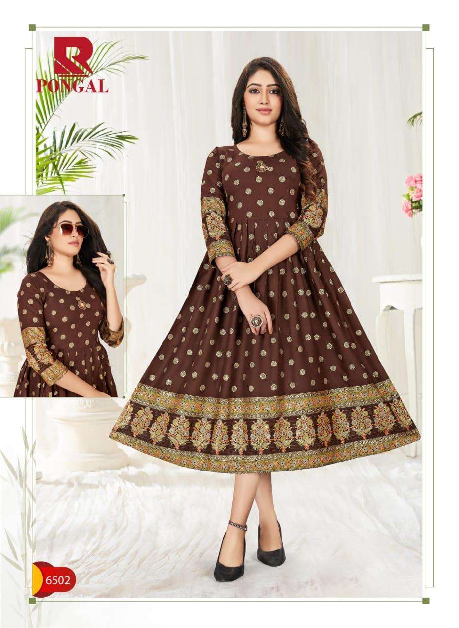 PONGAL BY RAASHI 6501 TO 6508 SERIES BEAUTIFUL STYLISH FANCY COLORFUL CASUAL WEAR & ETHNIC WEAR & READY TO WEAR RAYON GOLD PRINT KURTIS AT WHOLESALE PRICE
