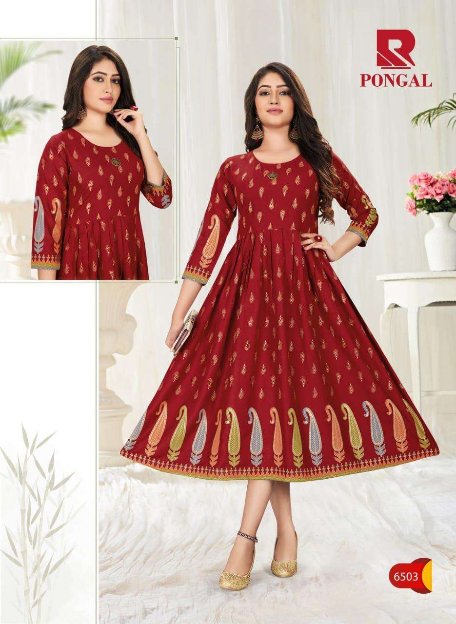PONGAL BY RAASHI 6501 TO 6508 SERIES BEAUTIFUL STYLISH FANCY COLORFUL CASUAL WEAR & ETHNIC WEAR & READY TO WEAR RAYON GOLD PRINT KURTIS AT WHOLESALE PRICE