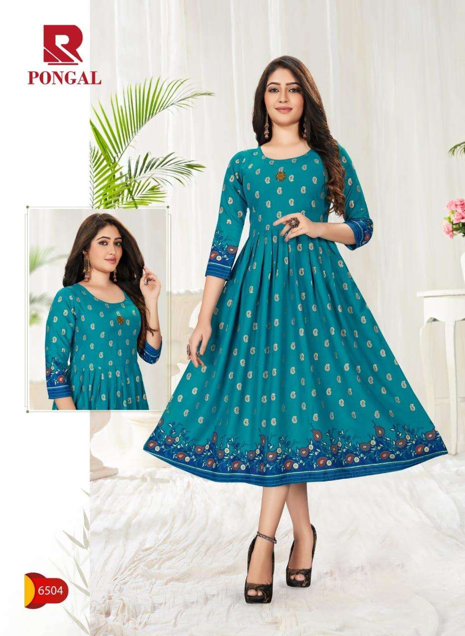 PONGAL BY RAASHI 6501 TO 6508 SERIES BEAUTIFUL STYLISH FANCY COLORFUL CASUAL WEAR & ETHNIC WEAR & READY TO WEAR RAYON GOLD PRINT KURTIS AT WHOLESALE PRICE