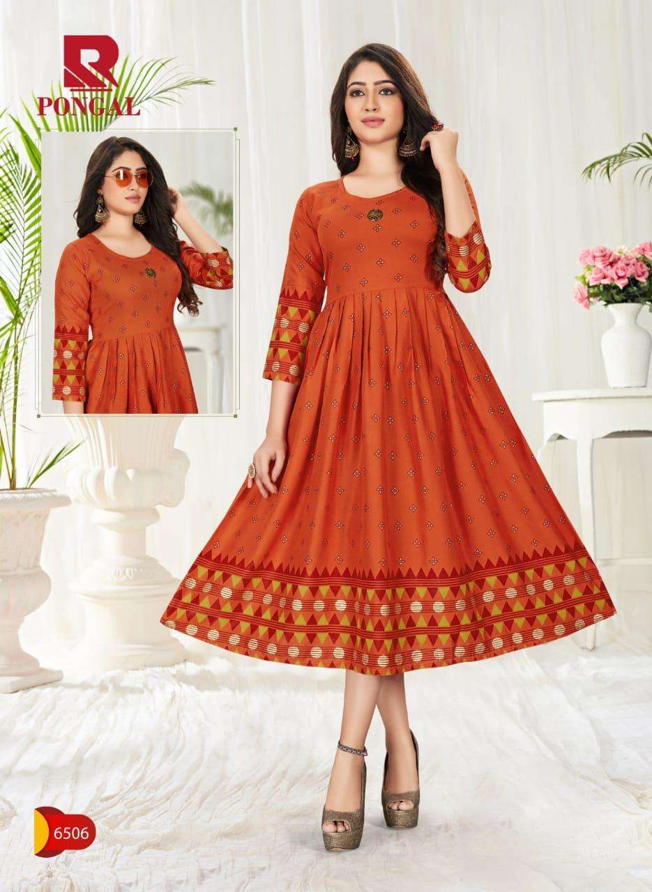 PONGAL BY RAASHI 6501 TO 6508 SERIES BEAUTIFUL STYLISH FANCY COLORFUL CASUAL WEAR & ETHNIC WEAR & READY TO WEAR RAYON GOLD PRINT KURTIS AT WHOLESALE PRICE
