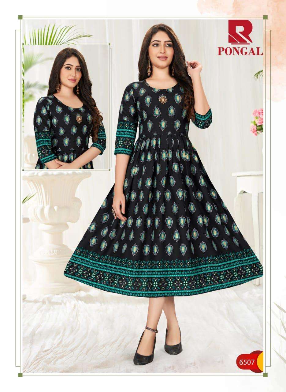 PONGAL BY RAASHI 6501 TO 6508 SERIES BEAUTIFUL STYLISH FANCY COLORFUL CASUAL WEAR & ETHNIC WEAR & READY TO WEAR RAYON GOLD PRINT KURTIS AT WHOLESALE PRICE
