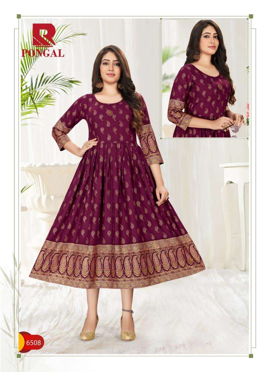 PONGAL BY RAASHI 6501 TO 6508 SERIES BEAUTIFUL STYLISH FANCY COLORFUL CASUAL WEAR & ETHNIC WEAR & READY TO WEAR RAYON GOLD PRINT KURTIS AT WHOLESALE PRICE