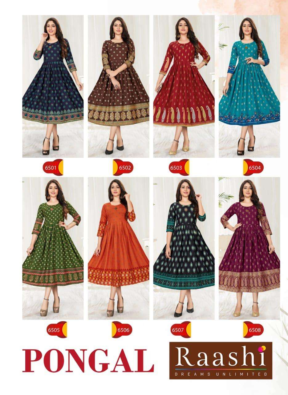 PONGAL BY RAASHI 6501 TO 6508 SERIES BEAUTIFUL STYLISH FANCY COLORFUL CASUAL WEAR & ETHNIC WEAR & READY TO WEAR RAYON GOLD PRINT KURTIS AT WHOLESALE PRICE