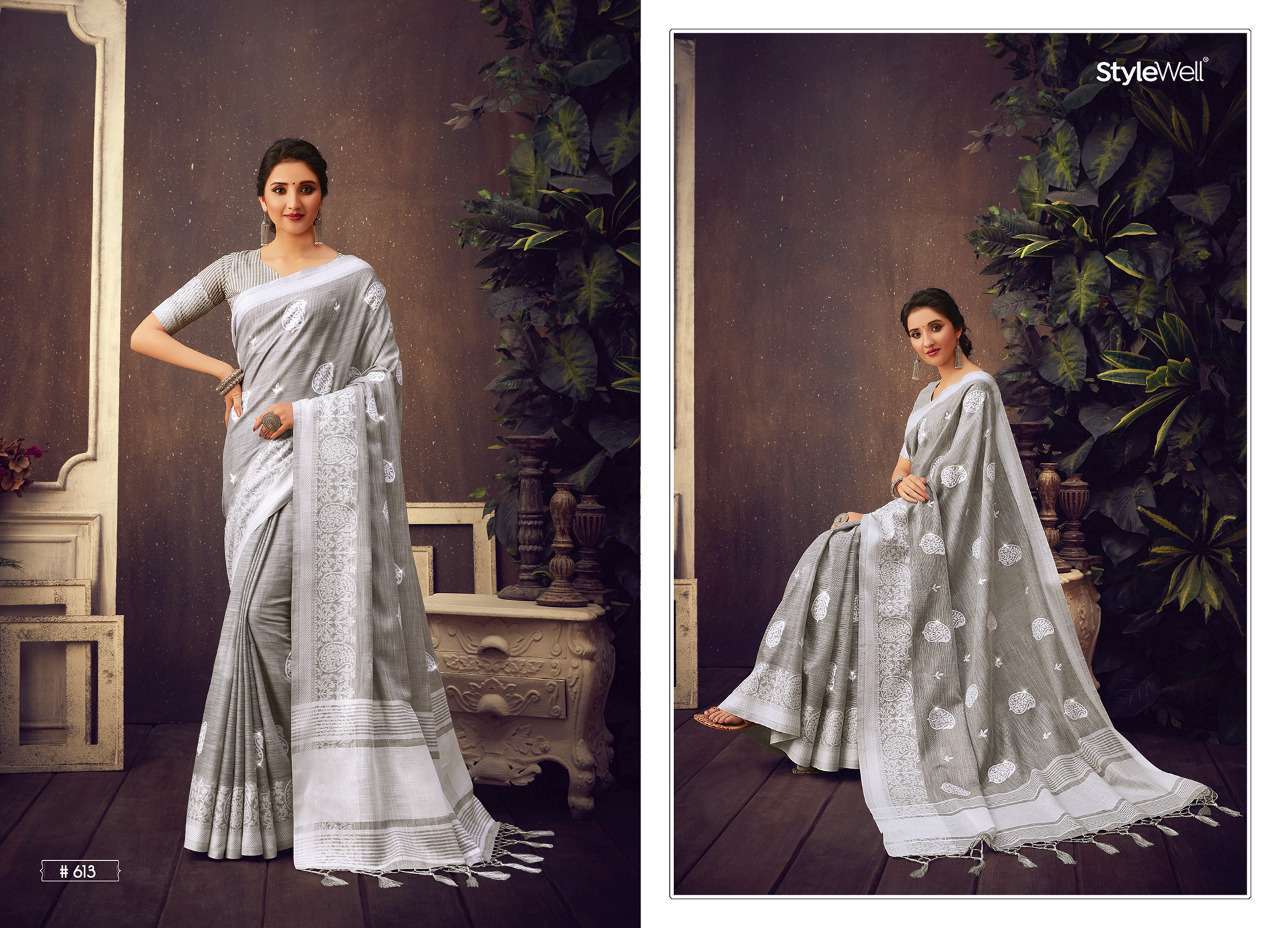 LAKHNAVI BY STYLEWELL 611 TO 616 SERIES INDIAN TRADITIONAL WEAR COLLECTION BEAUTIFUL STYLISH FANCY COLORFUL PARTY WEAR & OCCASIONAL WEAR LINEN JACQUARD EMBROIDERED SAREES AT WHOLESALE PRICE