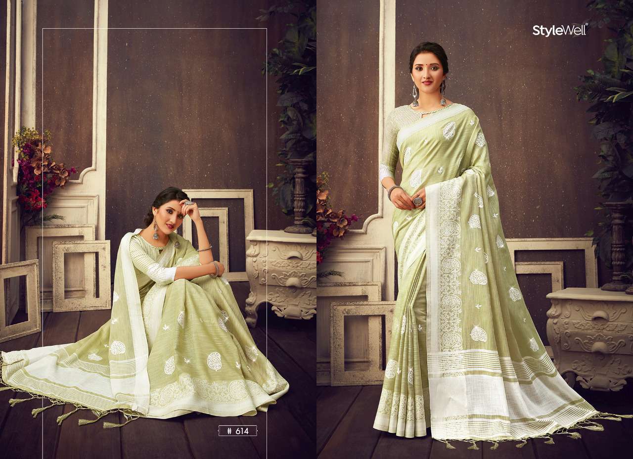 LAKHNAVI BY STYLEWELL 611 TO 616 SERIES INDIAN TRADITIONAL WEAR COLLECTION BEAUTIFUL STYLISH FANCY COLORFUL PARTY WEAR & OCCASIONAL WEAR LINEN JACQUARD EMBROIDERED SAREES AT WHOLESALE PRICE
